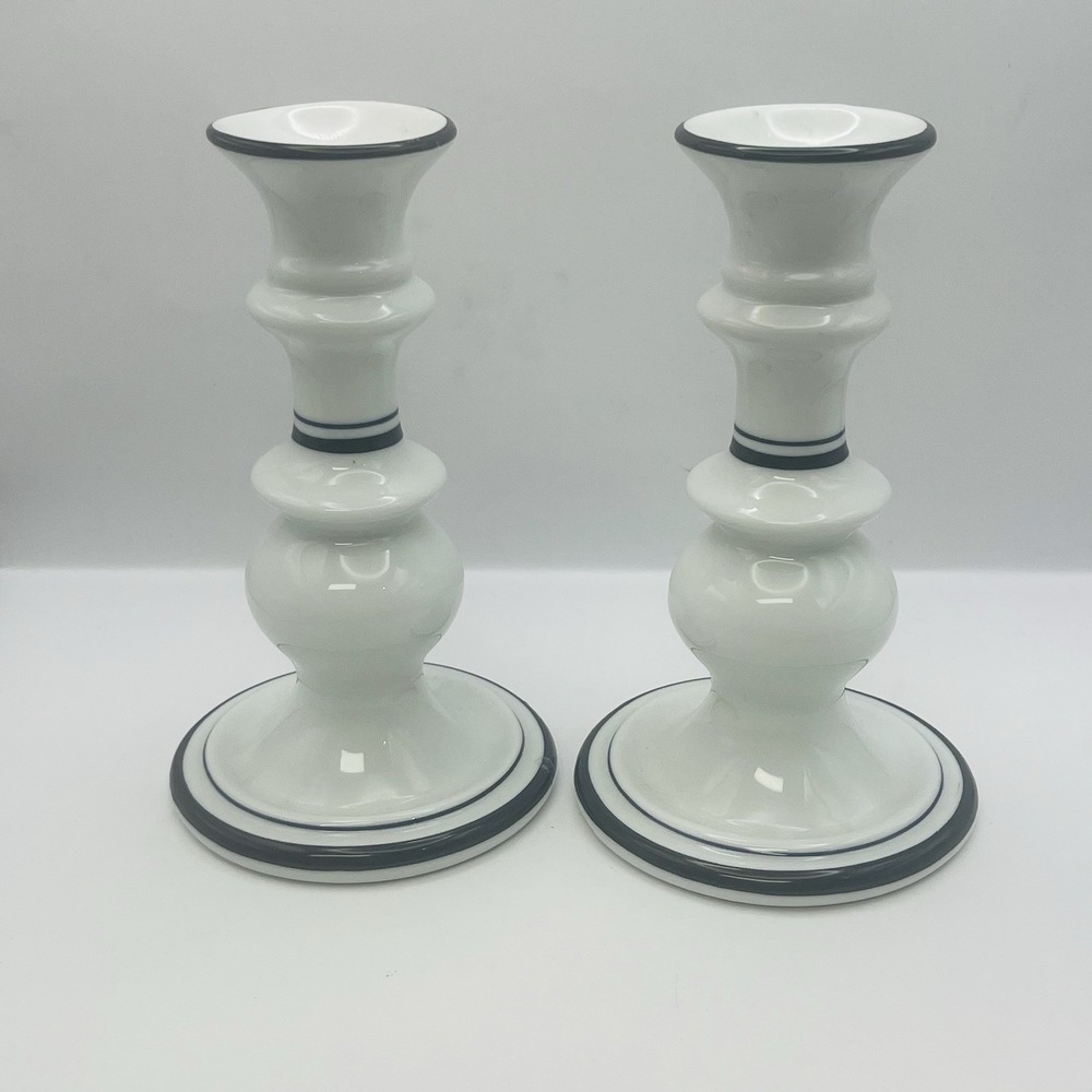 Dansk International Designs Portugal White Ceramic Navy Blue Stripe Candlesticks